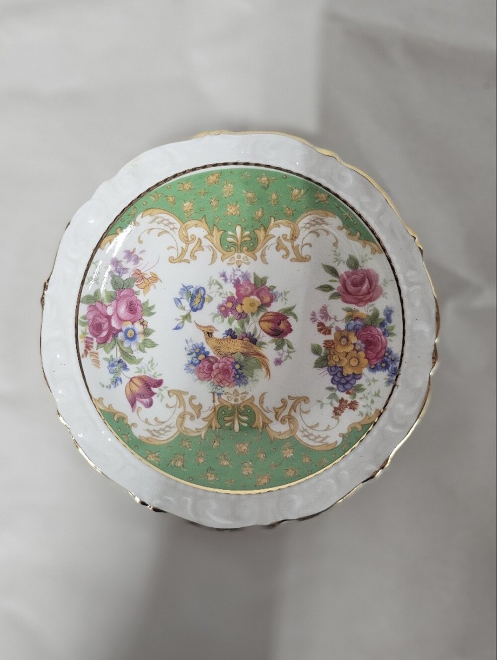 Discontinued Decorative Floral Porcelain Serving Plate - Green and Gold